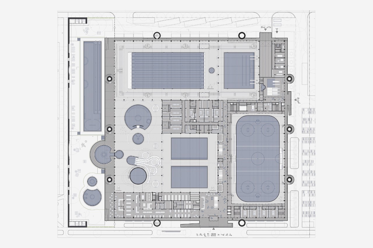 Grundriss Erdgeschoss Sportzentrum Oerlikon Siegerprojekt AMMONIT (Plan: Boltshauser Architekten AG, Zürich)